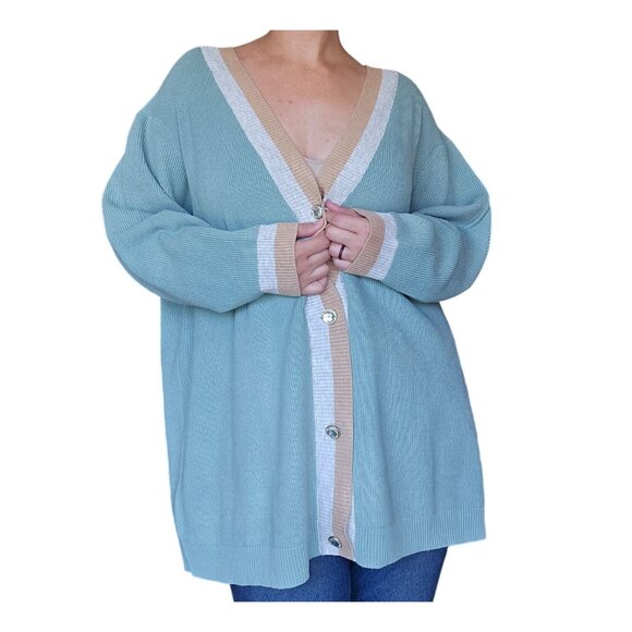 NWOT Denim & Co Signature Novelty Button Sweater Knit Cardigan Mint Blue Size 3X - Picture 2 of 7